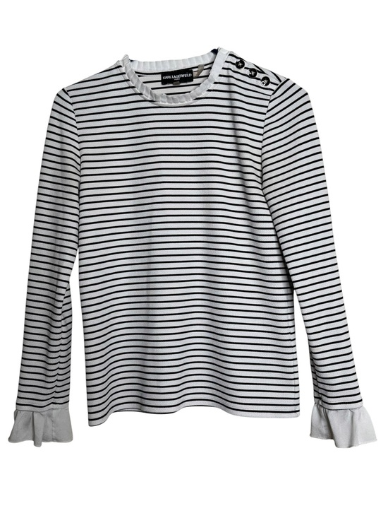 Karl Lagerfeld Tops - Karl Lagerfeld White Black Striped Long-Sleeve Knit Top Button Shoulder Size XS